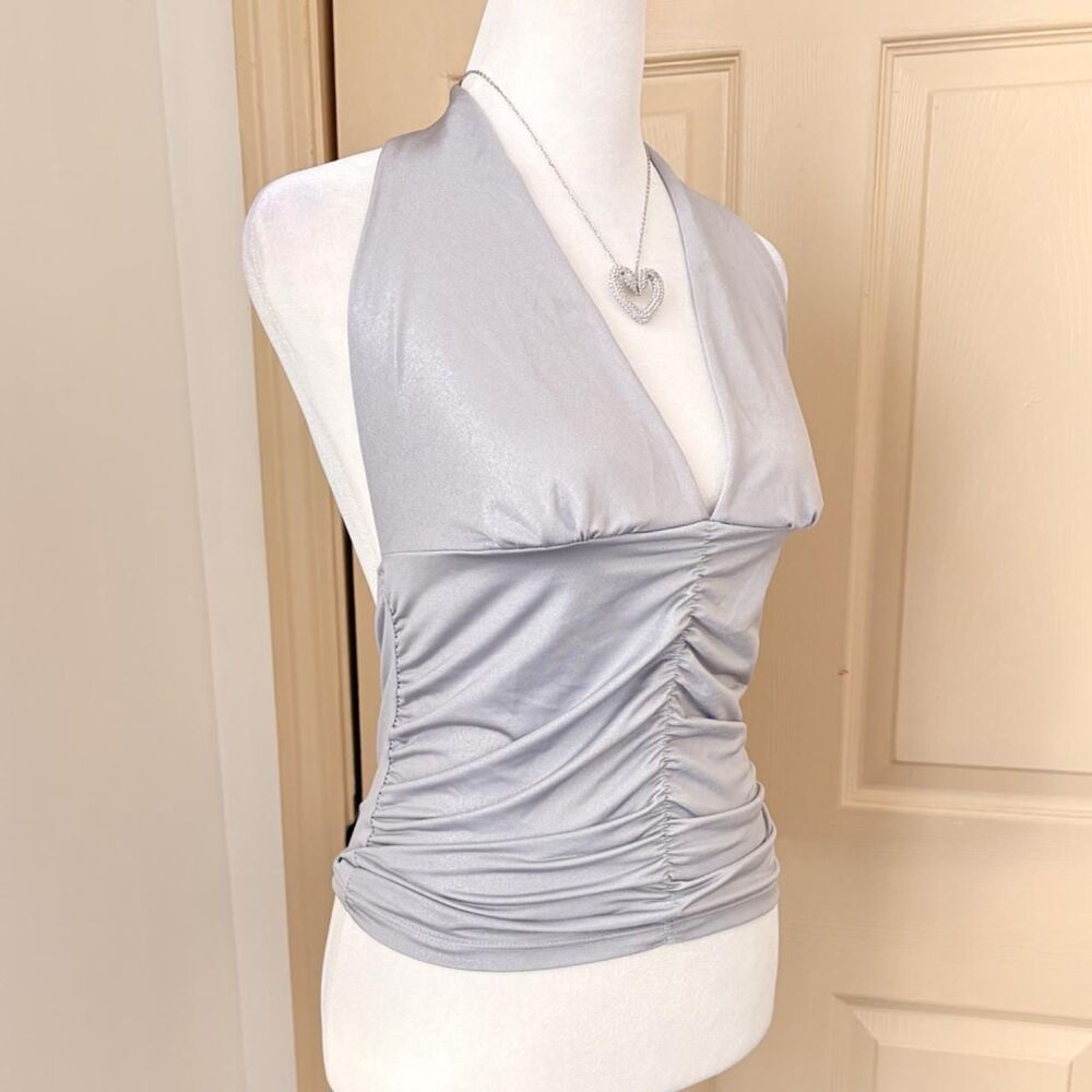 Y2K Metallic Silver Ruched Halter Top - Picture 2 of 7